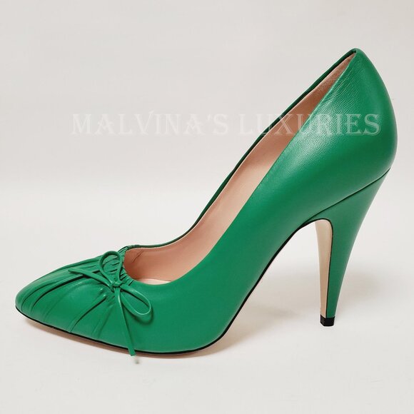 GUCCI SHOES POINT TOE PUMPS BOW DETAIL NEW SHAMAROCK GREEN LEATHER sz 40 10 - Picture 1 of 14